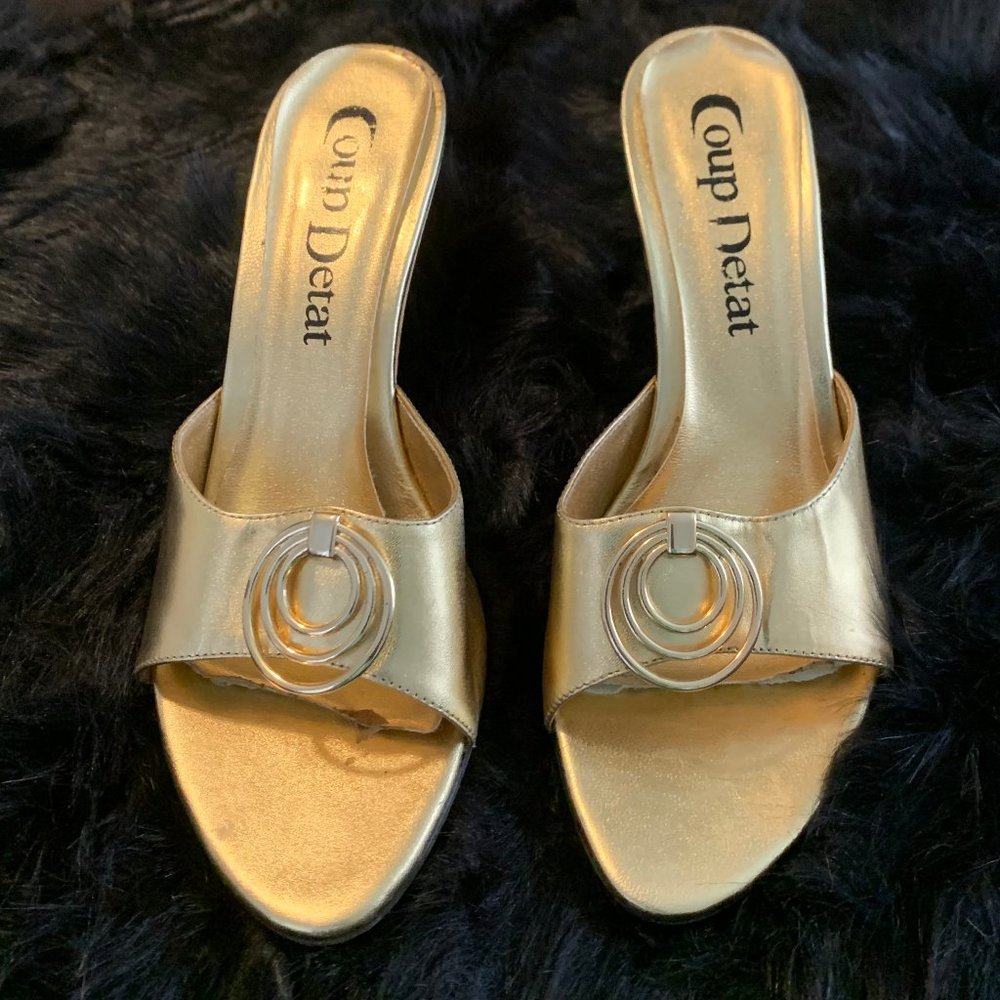 Coup Detat Gold/Cork Leather Wedge Heels.  Size 8.